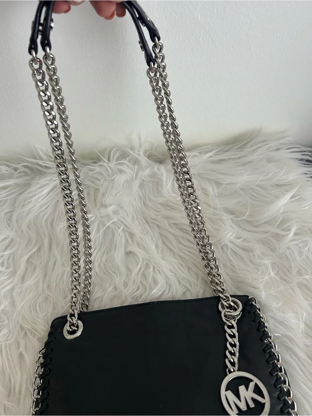 Michael Kors Black Leather Chain Shoulder Bag Silver Hardware